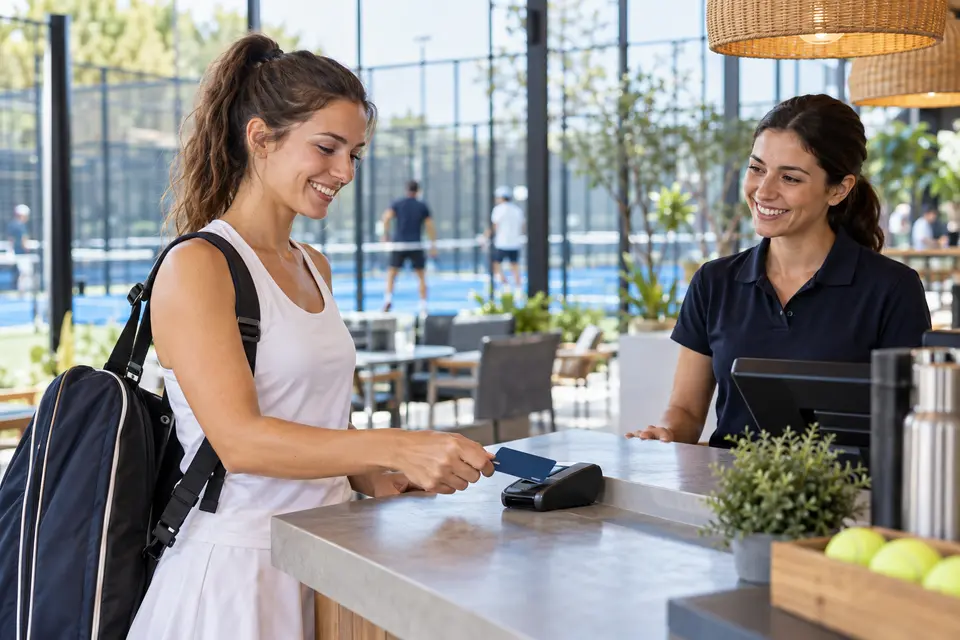 Szemléltető jelenet érintés nélküli fizetésről egy padel klubban